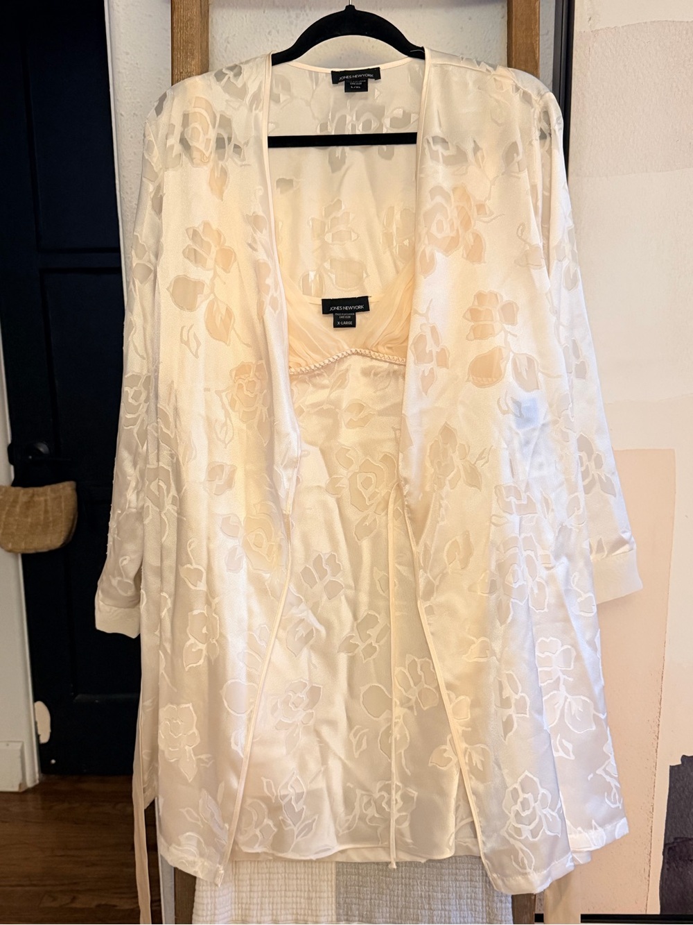 Jones New York Cream Floral Satin Robe and Slip Set
